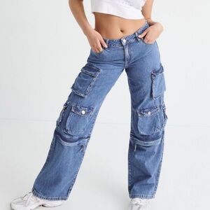 Garage Medium Blue Denim Wide-Leg Cargo Jeans